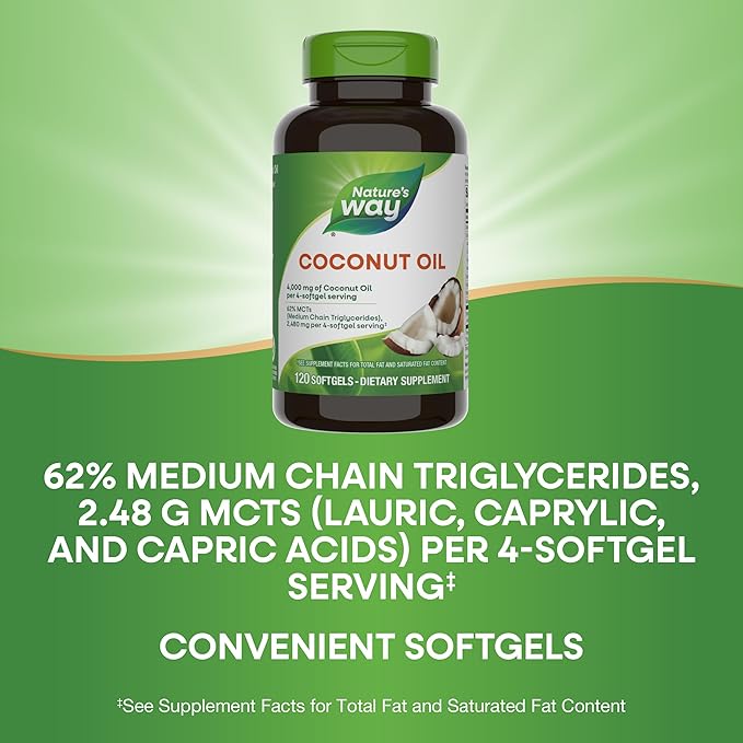Nature's Way Coconut Oil, 62% MCTs, Hexane Free, 120 Softgels (Packaging May Vary)
