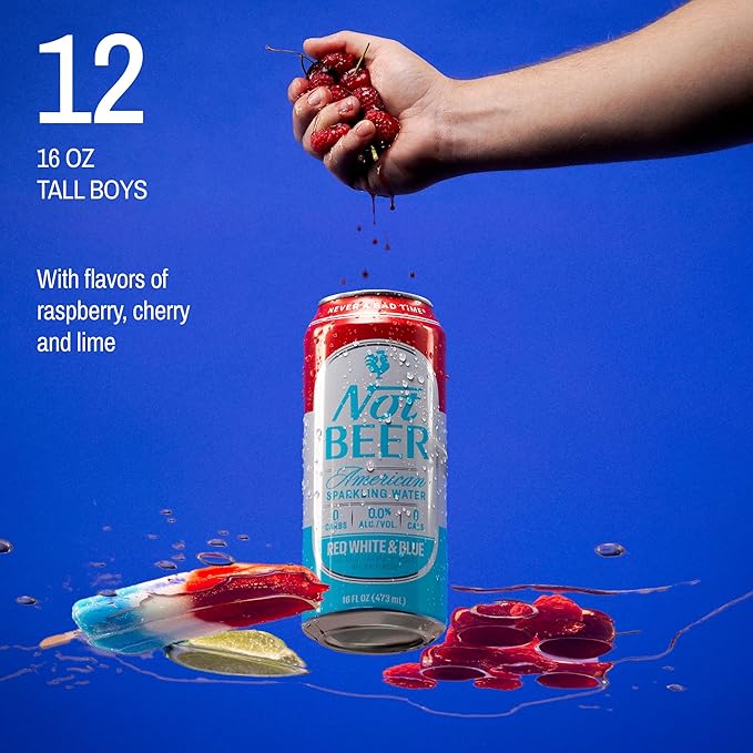 Not Beer American Sparkling Water, Red White & Blue, 99.9% Pure, Mineral & Electrolyte Blend, Carbonated Soda Water, Made in America, 16 Oz Tallboy Cans, 12 Pack