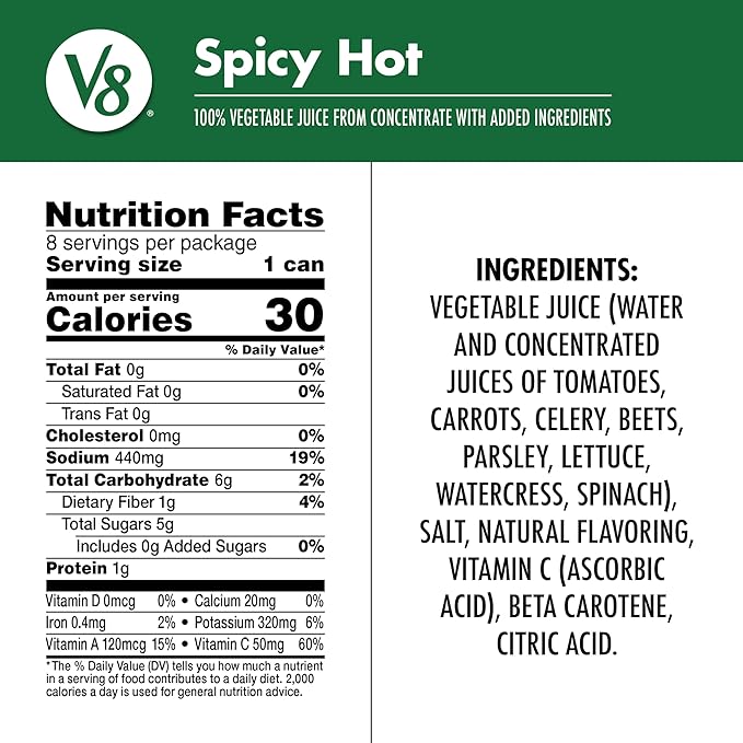 V8 Spicy Hot 100% Vegetable Juice, Vegetable Blend with Tomato Juice, 5.5 FL OZ Can (Pack of 8)