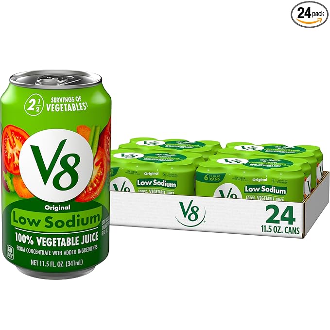 V8 Low Sodium Original 100% Vegetable Juice, Vegetable Blend with Tomato Juice, 11.5 FL OZ Can (Pack of 24)