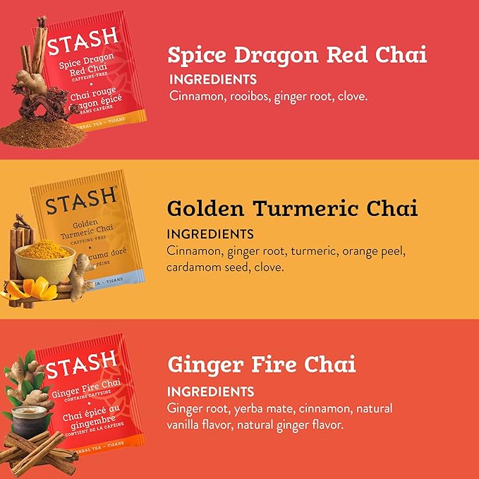 Stash Chai Tea Variety Pack Sampler Assortment - Caffeinated, Non-GMO Project Verified Premium Tea with No Artificial Ingredients, 18-20 Count (Pack of 6)