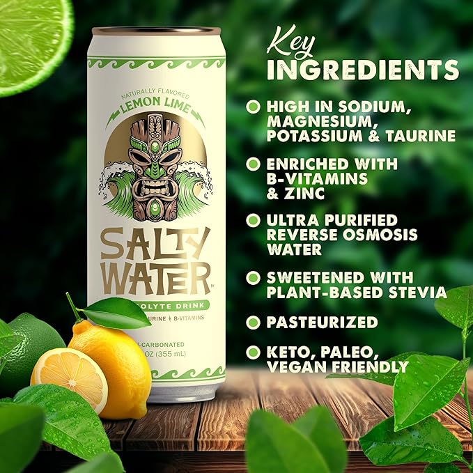 SaltyWater Electrolyte Drink, Lemon Lime β Zero Sugar Premium Hydration Drink, 10 Calories, Minerals, Taurine, B-Vitamins, Non-Carbonated - Zero Caffeine Electrolyte Sports Drink - Keto, Paleo, Vegan - 12 Pack (12 oz)