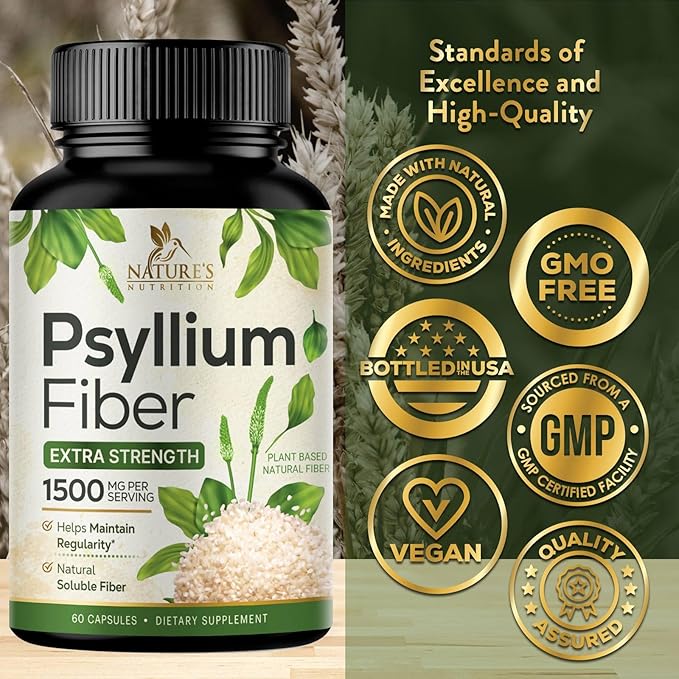 Psyllium Husk Capsules 1500mg, Natural Soluble 60 Capsules