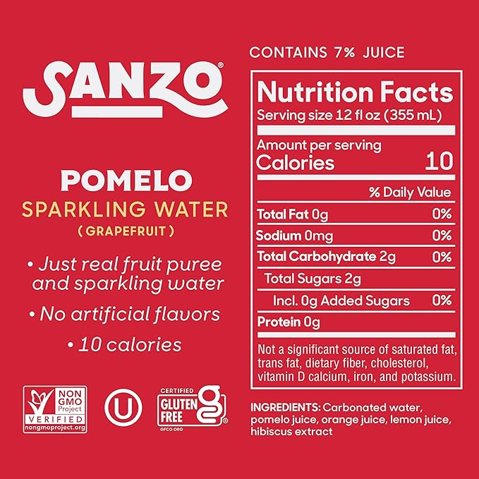 Sanzo Flavored Sparkling Water - Pomelo (Grapefruit) 12-Pack - Carbonated Drink Made with Real Fruit and No Added Sugar - Non-GMO, Gluten-Free & Vegan - 12 Fl Oz Cans – bright, juicy, zesty and subtly sweet.