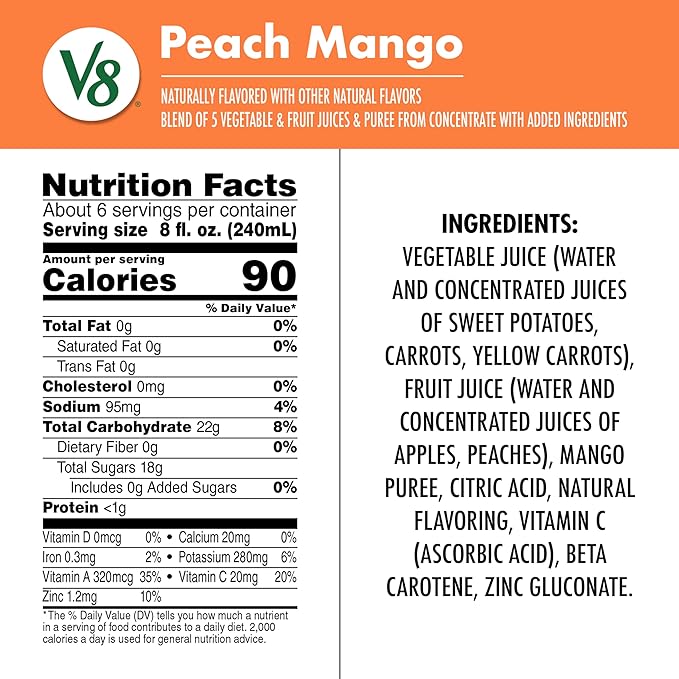 V8 Peach Mango 100% Fruit and Vegetable Juice, 46 fl oz Bottle (6 Pack)