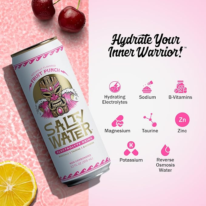SaltyWater Electrolyte Drink, Fruit Punch β Zero Sugar Premium Hydration Drink, 10 Calories, Minerals, Taurine, B-Vitamins, Non-Carbonated - Zero Caffeine Electrolyte Sports Drink - Keto, Paleo, Vegan - 12 Pack (12 oz)
