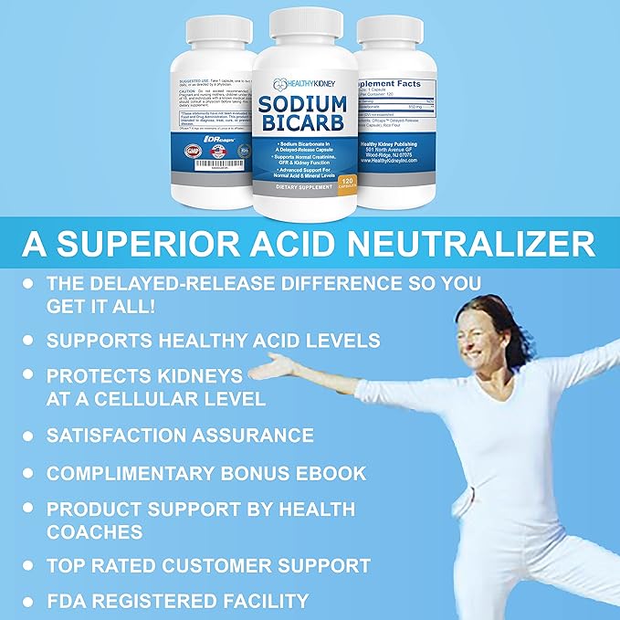 Sodium Bicarbonate 650mg Capsules Delayed Release for Supporting Normal Kidney Function & Kidney Supplement. Sodium Bicarbonate for Acid Relief, Alkalinity 120 Pills 2-Pack