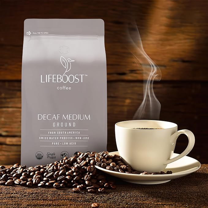 Lifeboost Coffee Medium Roast Swiss Water Decaf Coffee Ground - Low Acid Single Origin USDA Decaf Organic Coffee - Non-GMO Coffee Third Party Tested For Mycotoxins & Pesticides - 12 Ounces