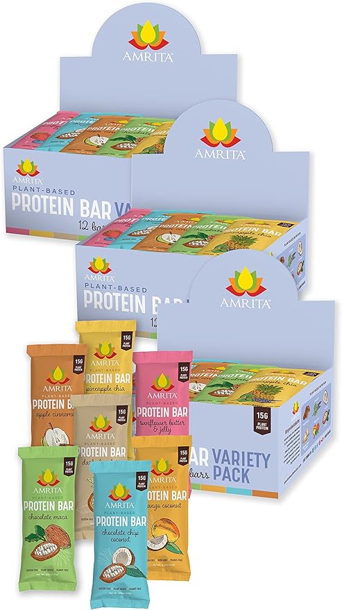 AMRITA Vegan Protein Bars Variety Pack (6 Flavors), |15g Plant