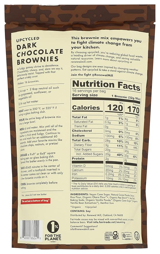 Renewal Mill Dark Chocolate Brownie Mix 18 oz, Gluten-Free, Vegan, Non-GMO, Upcycled Ingredients I Easy to Make in One Bowl, Only Requires Oil and Water, Kid-Friendly | Packaging May Vary