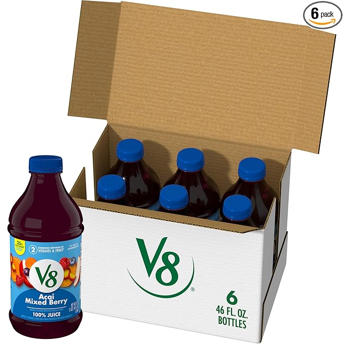 V8 Acai Mixed Berry 100% Fruit and Vegetable Juice, 46 fl oz Bottle (6 Pack)