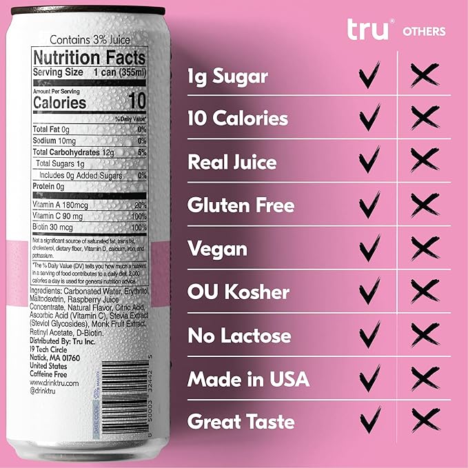 Tru Glow Seltzer, Biotin Beauty Drinks with Vitamin A, Raspberry Fruit Juice Flavored Sparkling Water, Caffeine Free, Kosher, Gluten Free, Low Calories, No Sugar Added Beverages, 12oz (Pack of 24)