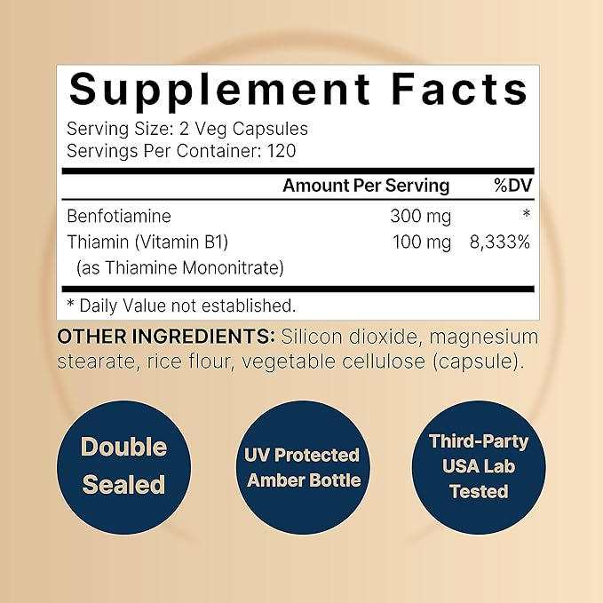 NatureBell Benfotiamine 300mg with Thiamine 100mg 240 Veggie B1 Benfotiamine