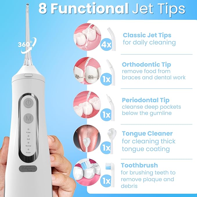 Dental Water Flosser Cordless, 310ML Electric 4 Cleaning 8 Replaceable IPX7 Waterproof (8 Tips)