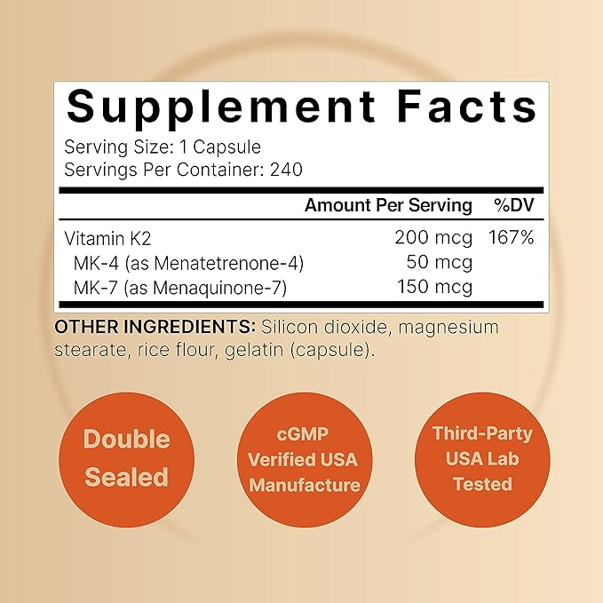 NatureBell Full Spectrum Vitamin K2 Supplement MK-7 & MK-4, 200 200 mcg, 240 Capsules 2 in 1 Formula,