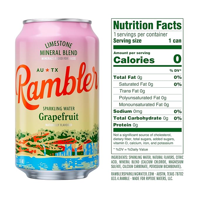 AUTX RAMBLER Grapefruit Sparkling Water, Limestone Mineral Blend 12-Ounce Cans, Three 8-Packs (24 Cans)