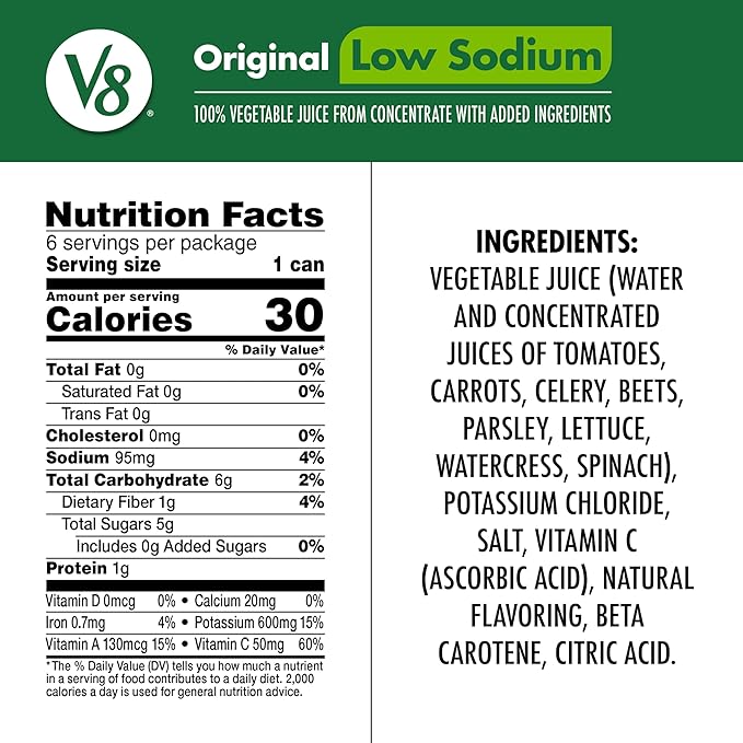 V8 Low Sodium Original 100% Vegetable Juice, 5.5 fl oz Can (6 Pack)
