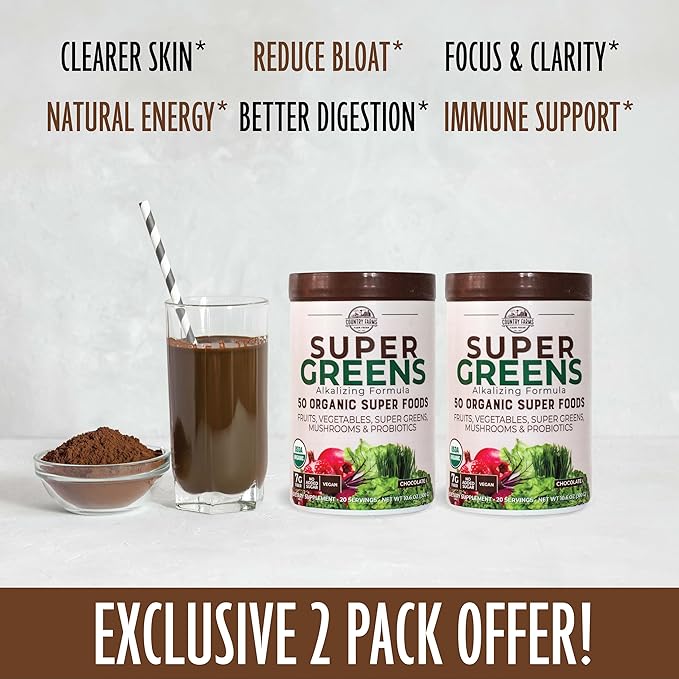 COUNTRY FARMS Super Greens Chocolate Flavor, 50 Organic 40 Servings, 10.6 Oz, 2 Pack