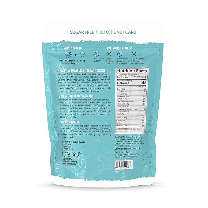 Lakanto Sugar Free Cookie Mix - Monk Fruit Sweetener, 1g Net Carb, Gluten Free, Dairy Free, Keto Diet Friendly, Delicious Snack, Almond Flour, Baking Mix (12 Servings)