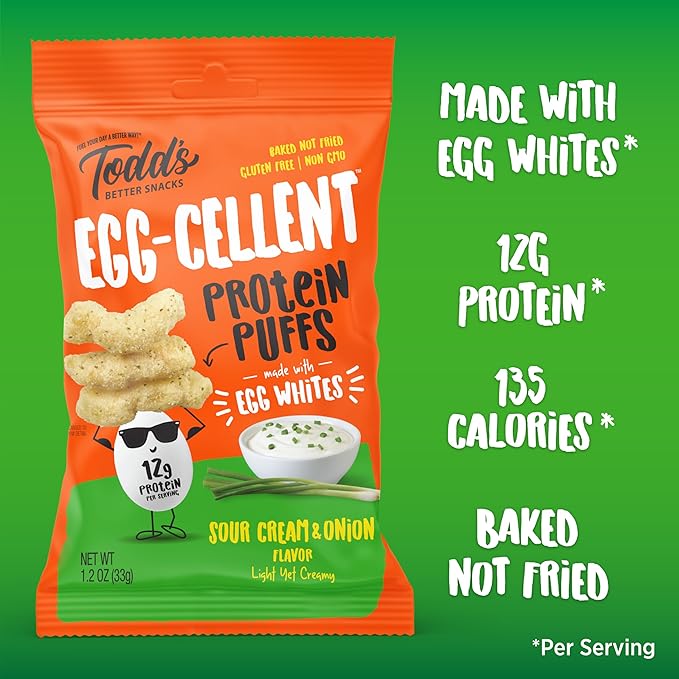 Todd's Better Snacks Egg-Cellent Protein Puffs, Sour Cream & Onion, 1.2 Oz (Pack of 10), Made with Egg Whites, 12g Protein, Gluten Free Healthy Snack