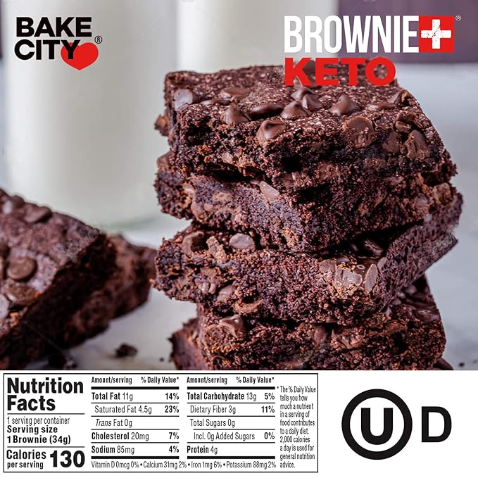 Bake City Brownie+ Keto | 1.2oz Brownie (12 pack), Gluten Free, 0g Sugar, Only 3g Net Carbs, Good Fats, 4g Protein, Kosher, No Artificial Ingredients