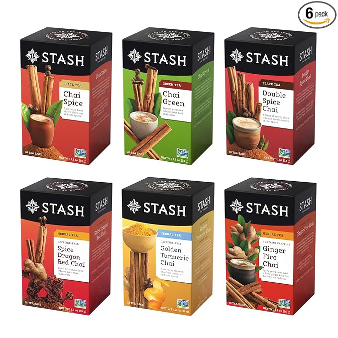 Stash Chai Tea Variety Pack Sampler Assortment - Caffeinated, Non-GMO Project Verified Premium Tea with No Artificial Ingredients, 18-20 Count (Pack of 6)