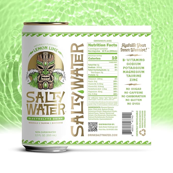 SaltyWater Electrolyte Drink, Lemon Lime β Zero Sugar Premium Hydration Drink, 10 Calories, Minerals, Taurine, B-Vitamins, Non-Carbonated - Zero Caffeine Electrolyte Sports Drink - Keto, Paleo, Vegan - 12 Pack (12 oz)