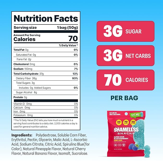 Shameless Snacks - Healthy Low Calorie Snacks, Low Carb Keto Gummies (Gluten Free Candy) - 6 Pack Sour Blue Raspberry