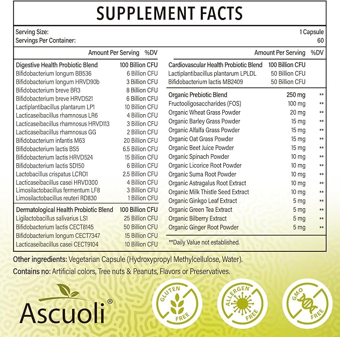 Ascuoli Probiotics Women & Men-300 Billion 22 Strains 15 Organic Bloating-4 Month