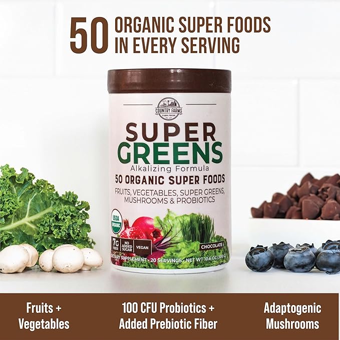COUNTRY FARMS Super Greens Chocolate Flavor, 50 Organic 40 Servings, 10.6 Oz, 2 Pack