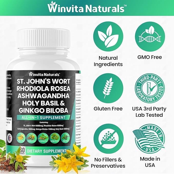 St Johns Wort 6000mg Rhodiola Rosea 6000mg Ashwagandha 3000mg Holy 2000mg Ginkgo 1000mg -