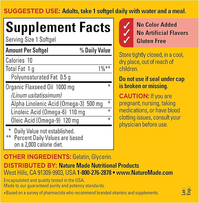 Nature Made Flaxseed Oil 1000 mg, 3 Supplement, 180 Softgels, 180 Day