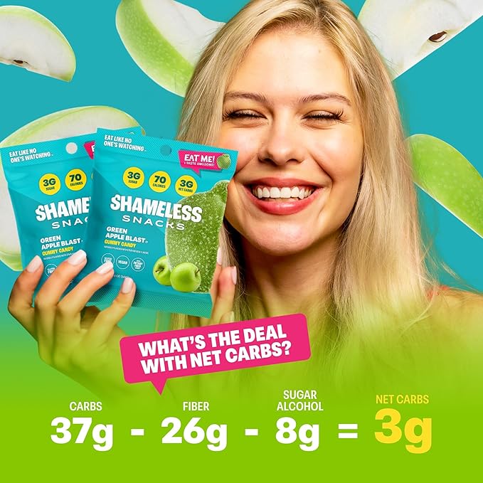 Shameless Snacks - Healthy Low Calorie Snacks, Low Carb Keto Gummies (Gluten Free Candy) - 6 Pack Green Apple Blast