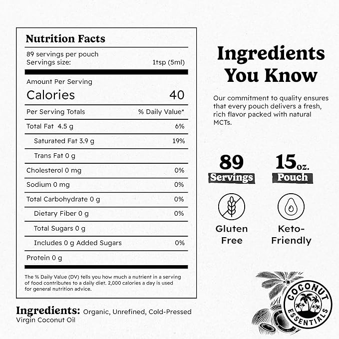Coconut Essentials - Coconut Oil for Coffee, Organic, Cold-pressed Coconut Oil, Fresh and Rich Flavor for Cooking, Keto Friendly, Natural MCT oil, Coffee Oil for Weight Loss, 1 Pouch, 15 fl oz