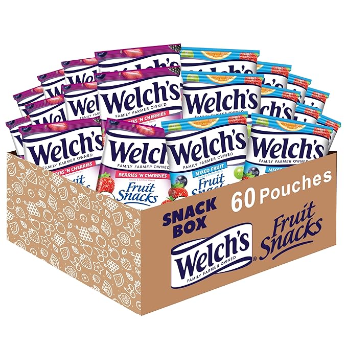 Welch's Fruit Snacks, Mixed Fruit & Berries 'N Cherries Variety Pack, Great for School Lunches, Bulk Pack, Individual Single Serve Bags, 0.8 oz (Pack of 60)