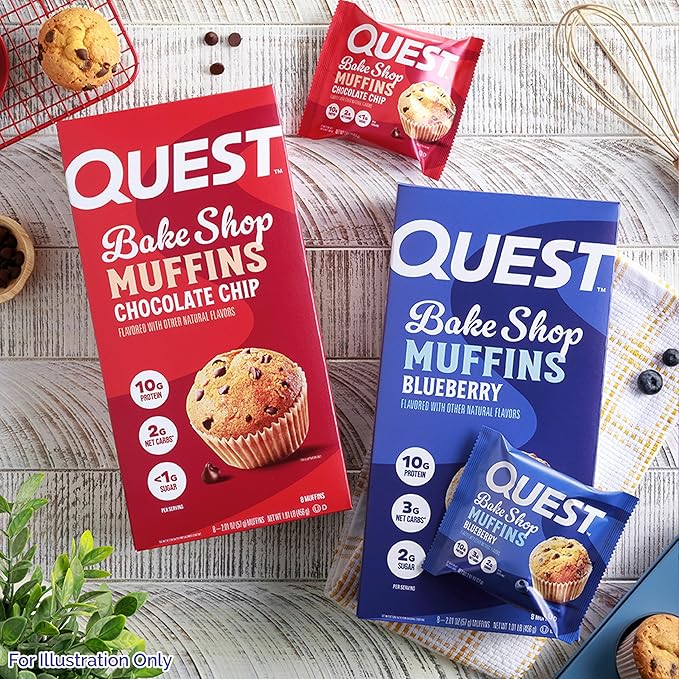 Quest Bake Shop Bundle, Blueberry Muffins & Chocolate Chip Muffins, 10g Protein, 2-3g Net Carbs, <1-2g Sugar, 16 Count