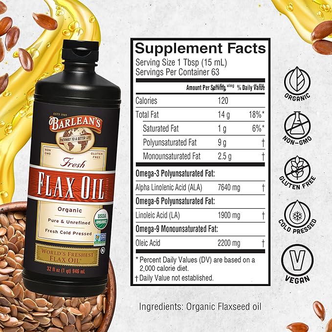 Barlean's Organic Flaxseed Oil Liquid, Cold 7,640mg ALA 3 Fatty 32 oz