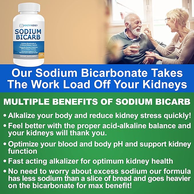 Sodium Bicarbonate 650mg Capsules Delayed Release for Supporting Normal Kidney Function & Kidney Supplement. Sodium Bicarbonate for Acid Relief, Alkalinity 120 Pills 2-Pack