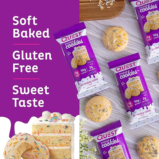 Quest Nutrition Frosted Cookies Twin Pack, Birthday Cake, 1g Sugar, 10g Protein, 2g Net Carbs, Gluten Free, 8 Count(Pack of 1)