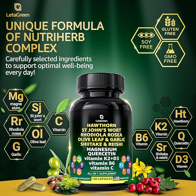 Organic Hawthorn Berry Capsules 2000mg with 2500mg Rhodiola 4000mg Olive 1000mg Shiitake 1000mg Reishi 1000mg Quercetin 150mg (240 (240 Count)