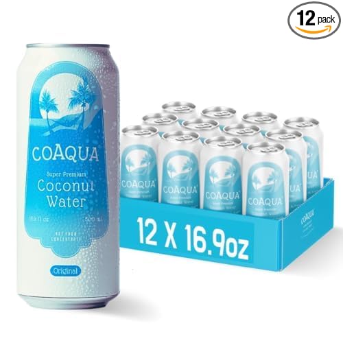 CoAqua Organic Coconut Water, 12 Pack, Natural Electrolytes for Hydration, Naturally Sweet Electrolyte Drink Potassium, Pure Coconut Water Not from Concentrate, Fat Free, Low Sugar, 16.9 Fl Oz Cans