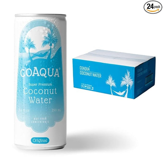 CoAqua Organic Coconut Water, 24 Pack, Natural Electrolytes for Hydration, Naturally Sweet Electrolyte Drink Potassium, Pure Coconut Water Not from Concentrate, Fat Free, Low Sugar, 8.4 Fl Oz Cans