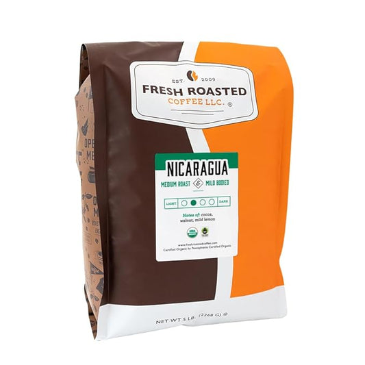 Fresh Roasted Coffee, Fair Trade Organic Nicaragua, 5 lb (80 oz), Medium Roast, Kosher, Whole Bean