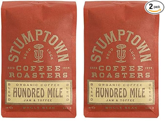 Stumptown Coffee Roasters, Medium Roast Organic Whole Bean Coffee - Hundred Mile 12 Ounce Bag with Flavor Notes of Jam and Toffee (Pack of 2)