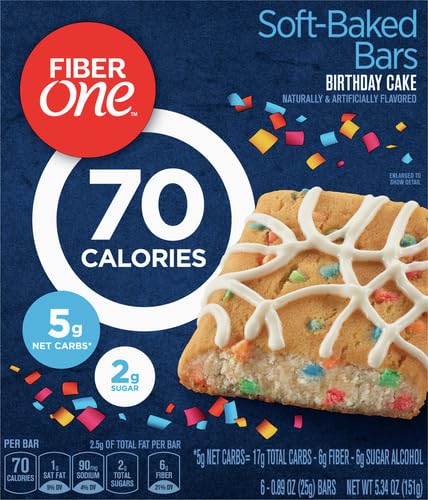 Fiber One 70 Calorie Soft-Baked Bars, Birthday Cake, Snack Bars, 6 ct