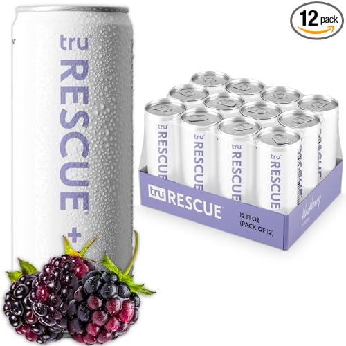 Tru Rescue Seltzer, Hydration Detox Drink with Electrolytes, Blackberry Flavor, Sparkling Water, Caffeine-Free, Kosher, Gluten-Free, Vegan, Low-Calorie, No Sugar Added, 12oz (Pack of 12)