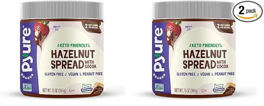 Pyure Organic Chocolate Hazelnut Spread | 90% Less Sugar | 1 Net Carb Keto Snack | No Palm Oil, Gluten-Free, Peanut Free, Plant-Based Hazelnut Spread for Vegan Keto Friendly Food | 13oz (Pack of 2)