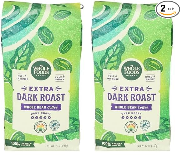 WHOLE FOODS MARKET Whole Bean Dark Roast Coffee, 12 OZ (Pack of 2)