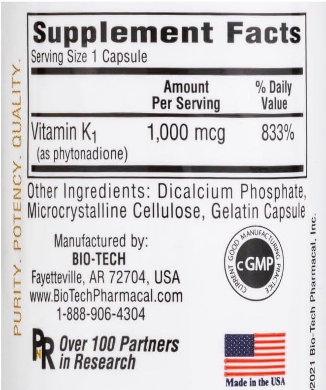 Bio-Tech Pharmacal K1-1000 (Vitamin K1) 100 Capsules 3 Pack