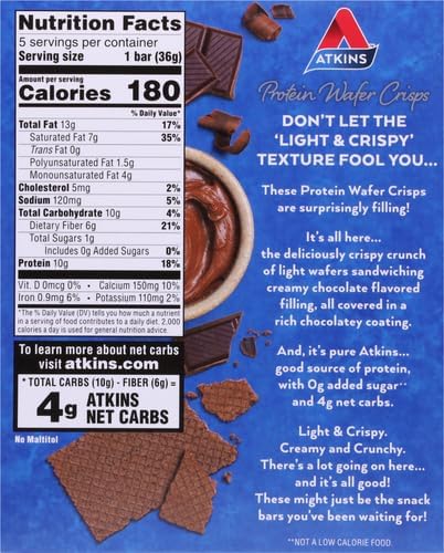 Atkins Chocolate Crème Protein Wafer Crisps, Protein Dessert, 4g Net Carb, 1g Sugar, High in Fiber, Keto Friendly, 5 Count